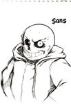  2015 animated_skeleton black_and_white bone clothed clothing hi_res male modeseven monochrome not_furry open_hoodie sans_(undertale) simple_background skeleton solo sweat sweatdrop traditional_media_(artwork) undead undertale video_games white_background 