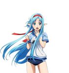  ass_visible_through_thighs asuna_(sao) asuna_(sao-alo) blue_eyes blue_hair blush cowboy_shot floating_hair gym_uniform headband looking_at_viewer official_art open_mouth pointy_ears purple_eyes shiny shiny_skin solo standing sword_art_online sword_art_online:_code_register transparent_background 
