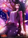  against_tree belt blush brown_eyes brown_hair cherry_blossoms cup denim flower from_below furyou_michi_~gang_road~ glasses hanami highres jeans long_hair looking_up official_art original pants parted_lips sakazuki smile solo tajima_yukie tree wind 