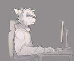  2016 anthro cat chair clothed clothing computer computer_mouse desk feline frown glacierponi grey_background inside keyboard looking_at_viewer male mammal monitor monochrome reaction_image simple_background sitting solo 