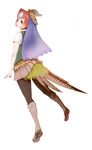  back blue_hair feathered_wings feathers full_body green_pheasant_(kemono_friends) ise_(0425) kemono_friends long_hair pantyhose pleated_skirt red_hair simple_background skirt solo white_background wings yellow_eyes 