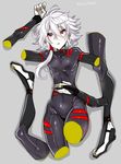  androgynous bodysuit bridal_gauntlets disembodied_limb grey_background hair_tubes haoro male_focus on_floor red_eyes ringed_eyes seikaisuru_kado short_hair_with_long_locks simple_background solo twitter_username yaha-kui_zashunina 