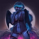  2016 anthro anthrofied babydoll big_breasts blue_feathers blue_hair blush breasts clothed clothing cutie_mark equine feathered_wings feathers female friendship_is_magic full_moon hair hi_res horn long_hair mammal moon my_little_pony nipple_bulge one_eye_closed outside princess_luna_(mlp) rain-gear solo translucent transparent_clothing underwear winged_unicorn wings 