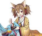  :d animal_ears brown_hair cat_ears collarbone dragon feeding food hair_between_eyes hair_ribbon japanese_clothes kimono long_hair meat official_art open_mouth pina_(sao) red_eyes red_ribbon ribbon silica silica_(sao-alo) smile solo sword_art_online sword_art_online:_code_register transparent_background upper_body 