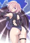  1girl ass back back_opening bare_shoulders blush breasts elbow_gloves fate/grand_order fate_(series) from_behind gloves hair_over_one_eye large_breasts leotard looking_at_viewer looking_back open_mouth pink_hair purple_eyes ranobe-senka shield shielder_(fate/grand_order) shiny shiny_hair shiny_skin short_hair sideboob smile solo thigh_strap 