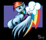  2015 anthro anthrofied areola asymmetric_breasts big_breasts blue_feathers blue_fur breasts clothing equine feathered_wings feathers female fingerless_gloves friendship_is_magic fur gloves hair huge_breasts looking_at_viewer mammal multicolored_hair my_little_pony nipples pegasus purple_eyes rainbow_dash_(mlp) rainbow_hair solo suirano wings 