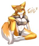  2015 anthro big_breasts black_nose bra breasts brown_eyes brown_fur brown_hair camel_toe canine cleavage clothed clothing dipstick_tail eyebrows eyelashes female fox fur gloves hair hi_res kemono legwear long_hair looking_at_viewer mammal midriff multicolored_tail navel orange_fur plump_camel_toe pose raised_leg shirt simple_background sitting skimpy smile socks solo spread_legs spreading tailzkim teeth text underwear white_background white_fur zerex 