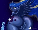  2014 anthro anthrofied big_butt blue_eyes blue_hair blush breasts butt cutie_mark duo equine feathered_wings feathers female friendship_is_magic hair horn long_hair mammal my_little_pony navel nude outside princess_luna_(mlp) suirano trixie_(mlp) unicorn winged_unicorn wings 