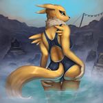  2016 anthro black_sclera breasts butt canine clothing digimon female hand_on_butt hi_res hot_spring looking_at_viewer mammal outside rain-gear rear_view renamon solo swimsuit water wet 