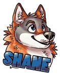  badge blue_eyes canine digital_media_(artwork) fluffy grin happy mammal monochrome red_wolf sepia shanewolf simple_background smile wolf 