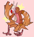  2015 4_fingers 4_toes ambiguous_gender anthro avian beak biped bird bottomless brown_claws brown_clothing brown_feathers brown_mane cheek_tuft claws clothed clothing countershade_face countershade_torso countershading crest crouching devil_horns digital_drawing_(artwork) digital_media_(artwork) digitigrade feather_tuft feathered_fingers feathered_hands feathered_tail feathers featureless_crotch front_view full-length_portrait grey_beak half-closed_eyes head_tuft jacket jewelry kingraspizdyay long_neck mane markings multicolored_beak multicolored_clothing multicolored_feathers neck_tuft necklace open_jacket pink_background pink_beak pink_countershading pink_skin portrait pose red_beak red_clothing red_eyes red_shirt reverse_countershading simple_background solo spiked_tail standing star stripes tail_tuft talons tan_countershading tan_feathers toes tuft vulture vulture_(kingraspizdyay) white-headed_vulture white_markings white_stripes winged_arms wings 