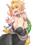  1girl bare_shoulders black_collar black_corset black_dress blonde_hair blue_earrings blue_eyes bowsette bracelet breasts choker cleavage collar crown dragon_tail dress earrings horns jewelry large_breasts long_hair looking_at_viewer mario_(series) new_super_mario_bros._u_deluxe nintendo open_mouth ponytail sharp_teeth skirt solo spiked_armlet spiked_bracelet spiked_choker spiked_collar spiked_tail spikes strapless strapless_dress super_crown tail teeth 