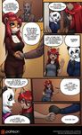  2017 abluedeer anthro bear breasts canine chandra_(abluedeer) cleavage clothed clothing comic dialogue english_text eyewear feline female glasses hair male mammal panda red_hair tagme text unknown_character 