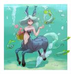  1girl apple basket centaur dated female fish green_hair monster_girl navel original reflection signature ttmary underwater water 