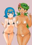  :o absurdres ac_butsupa arm_around_back bangs bare_arms bare_legs bare_shoulders bikini blue_eyes blue_hair blush breasts breasts_apart bright_pupils collarbone commentary cowboy_shot dark_skin eyebrows_visible_through_hair flower green_eyes green_hair hair_flower hair_ornament hairband hand_up highres leaning_forward long_hair looking_at_viewer mao_(pokemon) medium_breasts micro_bikini multiple_girls navel open_mouth pokemon pokemon_(game) pokemon_sm short_hair side-tie_bikini side-tie_bottom simple_background small_breasts smile standing stomach suiren_(pokemon) swept_bangs swimsuit trial_captain twintails v yellow_hairband 