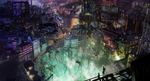  1girl chromatic_aberration city_lights cityscape facing_away fantasy highres looking_away looking_down nurie_(siniariot) onsen original scenery short_hair stairs wallpaper water 