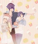  2boys blue_eyes blue_hair casual dress eating food french_fries hamburger kanoya_rui meteora_osterreich mirokuji_yuuya multiple_boys newspaper no.18 open_mouth popcorn purple_hair re:creators short_hair smile sunglasses white_hair 