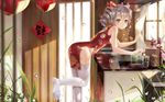  alternate_costume benghuai_xueyuan blue_eyes bottle bow bronya_zaychik bubble china_dress chinese_clothes cup curtains dress drill_hair floral_print hair_bow highres honkai_impact indoors lantern leaning_forward looking_at_viewer meijin93 panties paper_lantern plant red_bow silver_hair sink smile solo standing standing_on_one_leg thighhighs twin_drills underwear white_legwear white_panties window 