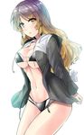  alternate_costume arms_at_sides bikini black_bikini blonde_hair blush breasts brown_eyes cleavage commentary_request cowboy_shot drawstring from_side gradient_hair highres hijiri_byakuren hood hoodie large_breasts long_hair long_sleeves looking_at_viewer looking_to_the_side multicolored_hair navel open_clothes open_hoodie parted_lips purple_hair simple_background solo stomach swimsuit touhou underboob white_background y2 