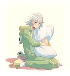  animal_costume frog frog_costume hair_tubes holding holding_pillow lm_0063 male_focus pillow red_eyes seikaisuru_kado short_hair_with_long_locks sidelocks silver_hair sitting socks solo stuffed_animal stuffed_frog stuffed_toy wariza white_legwear yaha-kui_zashunina 