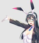  animal_ears aqua_eyes bangs black_hair black_jacket blue_neckwear breasts bunny_ears bunnysuit cleavage collarbone cropped_jacket detached_collar fake_animal_ears glasses gloves grey_background hairband jacket kantai_collection long_hair long_sleeves looking_at_viewer necktie ooyodo_(kantai_collection) open_clothes open_jacket open_mouth outstretched_arm outstretched_hand shiny shiny_hair short_necktie simple_background small_breasts solo straight_hair suit_jacket upper_body white_gloves white_hairband yuuji_(and) 