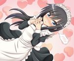  alternate_costume apron asashio_(kantai_collection) black_hair blue_eyes blush commentary_request dutch_angle enmaided eyebrows_visible_through_hair fingers_together hair_between_eyes heart heart_background kantai_collection long_hair looking_at_viewer maid maid_apron maid_headdress nose_blush open_mouth solo spoken_blush tamayan 