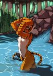  2016 anthro bamboo bathing breasts collaboration detailed_background dreamworks feline female forest fur hand_on_head hi_res kollerss-arts kung_fu_panda looking_at_viewer maiz-ken mammal master_tigress nipples nude outside partially_submerged pussy red_eyes rock small_breasts smile solo striped_fur stripes tiger tree water wet wet_fur 