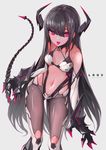  :p bare_shoulders bikini_top black_hair cancell claws collar demon_girl elbow_gloves gloves highres horns long_hair looking_at_viewer navel original pantyhose pink_eyes simple_background solo tail tongue tongue_out 