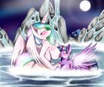  2014 anthro anthrofied blue_fur blue_hair blush breast_suck breasts cutie_mark equine eyes_closed feathered_wings feathers female female/female friendship_is_magic fur group hair horn hot_spring mammal moon multicolored_hair my_little_pony nude outside princess_celestia_(mlp) princess_luna_(mlp) purple_hair sucking suirano twilight_sparkle_(mlp) two_tone_hair water winged_unicorn wings 