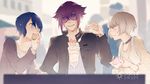  2boys blue_eyes blue_hair blurry casual choker depth_of_field eating kanoya_rui meteora_osterreich mirokuji_yuuya multiple_boys no.18 open_mouth parfait purple_hair re:creators short_hair smile spoon sunglasses 