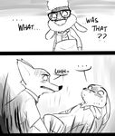  ... 2016 alec8ter all_fours anthro blush canine caprine clothed clothing comic dawn_bellwether dialogue disgust disney english_text eyewear female fox glasses group hi_res jewelry judy_hopps lagomorph lying mammal monochrome necklace nick_wilde on_back rabbit sheep speech_bubble standing sweat text zootopia 