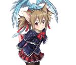  animal_ears arms_behind_back black_legwear blush bow bowtie brown_hair capelet cat_ears cowboy_shot dragon_on_head hair_between_eyes hair_ribbon layered_skirt long_hair looking_at_viewer official_art pantyhose pina_(sao) red_bow red_eyes red_neckwear red_ribbon red_skirt ribbon short_twintails silica silica_(sao-alo) skirt smile solo standing sword_art_online sword_art_online:_code_register transparent_background twintails 