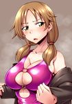  bare_shoulders bodycon breasts brown_eyes brown_hair cleavage earrings eyebrows eyebrows_visible_through_hair highres idolmaster idolmaster_cinderella_girls jewelry katagiri_sanae large_breasts long_hair nokoppa o-ring solo sweat 