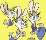  anthro belt blue_eyes breasts buckteeth clothed clothing crackiepipe disney eyelashes female fur jeans judy_hopps lagomorph mammal midriff multiple_images pants pink_nose rabbit simple_background smile solo teeth toony yellow_background zootopia 