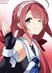  ahoge artist_name bangs blue_eyes commentary dated detached_sleeves fingerless_gloves gloves hairband highres kamelie kantai_collection kawakaze_(kantai_collection) long_hair looking_at_viewer one_eye_closed red_hair smile solo 