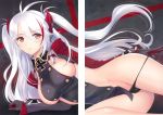  absurdres antenna_hair arm_support azur_lane bangs black_panties breasts cameltoe eyebrows_visible_through_hair gloves hair_between_eyes hair_ornament highres iron_cross large_breasts long_hair looking_at_viewer multicolored_hair panties panty_pull parted_lips prinz_eugen_(azur_lane) pulled_by_self red_hair removing_panties scan shiny shiny_skin silver_hair solo stitched streaked_hair tanaka_takayuki third-party_edit two_side_up underwear very_long_hair 