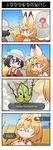  3koma :d animal_ears backpack bag black_hair brown_eyes brown_hair check_commentary chinese comic commentary commentary_request crossover english gameplay_mechanics hat highres kaban_(kemono_friends) kemono_friends korok multiple_girls open_mouth serval_(kemono_friends) serval_ears serval_print serval_tail short_hair smile tail the_legend_of_zelda the_legend_of_zelda:_breath_of_the_wild translated xin_yu_hua_yin 