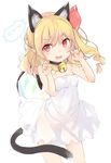  &gt;:d 1girl :d animal_ears arms_up bare_shoulders bell bell_choker blonde_hair breasts cat_ears cat_tail choker claw_pose collarbone crystal dress extra_ears eyebrows_visible_through_hair fang flandre_scarlet jingle_bell kedama_milk kemonomimi_mode lips long_hair nightgown open_mouth paw_pose pointy_ears red_eyes ribbon see-through_silhouette short_dress side_ponytail small_breasts smile solo strapless strapless_dress sundress tail thighs touhou white_dress wings 