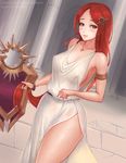  armlet bangle blush bracelet breasts brown_eyes closed_mouth column commentary covered_nipples dutch_angle eliskalti eyeliner hair_ornament holding holding_hair jewelry large_breasts league_of_legends leona_(league_of_legends) light_smile long_hair looking_at_viewer makeup necklace no_bra pendant pillar red_hair revision see-through shield side_slit sideboob signature sleeveless solo standing sweat thighs tunic very_long_hair watermark web_address 