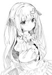  1girl bangs bow crescent crescent_hair_ornament dress greyscale hair_bow hair_ornament hands_in_sleeves kedama_milk long_hair long_sleeves looking_at_viewer monochrome patchouli_knowledge sidelocks simple_background solo touhou upper_body very_long_hair white_background 