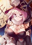  blush blush_stickers breast_lift breasts cat character_request cleavage eyebrows_visible_through_hair glasses large_breasts looking_at_another lord_of_vermilion lord_of_vermilion_iii purple_eyes purple_hair short_hair smile solo star teeth yue_(pixiv2547) 