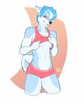  anthro black_nose blue_fur blue_hair canine clothed clothing dog ear_piercing fur hair husky looking_at_viewer mammal midriff navel orange_eyes piercing simple_background smile solo wyla 