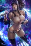  absurdres akali areolae banned_artist baseball_cap belt black_hair black_legwear blue_eyes bracelet breasts choker covering covering_breasts fingerless_gloves gloves hat highres idol jacket jewelry k/da_(league_of_legends) k/da_akali large_breasts league_of_legends long_hair looking_at_viewer mask naked_coat navel nipples open_clothes open_mouth paid_reward patreon_reward ponytail sakimichan shiny shiny_skin solo thighhighs tongue tongue_out ultraviolet_light 