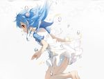  air_bubble bangs barefoot blue_hair brown_eyes bubble cg_(2686805355) closed_mouth commentary_request dress eyebrows_visible_through_hair hair_ornament highres legs_together long_hair original profile short_sleeves sidelocks smile solo submerged underwater white_dress 