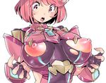  1girl areolae blush breasts breasts_outside homura_(xenoblade_2) huge_breasts nipples open_mouth perky_breasts pink_eyes pink_hair puffy_nipples short_hair solo tagme torn_clothes upper_body xenoblade xenoblade_2 