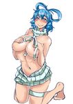  areolae bangs barefoot blue_hair blush breasts commentary_request eyebrows_visible_through_hair hair_between_eyes half-closed_eyes hands_on_own_chest heiseikorotaisei hips inverted_nipples kaku_seiga kneeling large_breasts legs looking_at_viewer meme_attire navel nipples nose_blush shiny shiny_skin short_hair simple_background smile solo stomach sweater thigh_strap thighs touhou turtleneck turtleneck_sweater virgin_killer_sweater white_background 