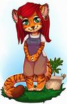  anthro barefoot brown_nose clothed clothing ear_piercing feline female fur hair mammal orange_fur piercing red_hair robyn_paperdoll simple_background smile solo striped_fur stripes tiger 