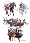  3girls absurdres armor armored_boots barefoot belt blonde_hair boots bouquet bridal_gauntlets brown_footwear chibi cigarette djeeta_(granblue_fantasy) dress facial_hair flower frills full_body gauntlets gran_(granblue_fantasy) granblue_fantasy hairband highres katalina_aryze knee_boots long_hair looking_at_viewer lyria_(granblue_fantasy) minaba_hideo multiple_boys multiple_girls non-web_source official_art one_eye_closed open_mouth petals pink_dress rackam_(granblue_fantasy) scan short_dress short_hair simple_background sitting sleeveless sleeveless_dress smoke thigh_boots thighhighs vee_(granblue_fantasy) white_dress zettai_ryouiki 