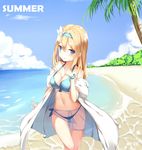  :o absurdres artist_name bangs beach bikini blonde_hair blue_bikini blue_eyes breasts cg_(2686805355) cleavage collarbone commentary_request day girls_frontline hair_between_eyes hair_ornament hairband hand_up highres long_hair looking_at_viewer medium_breasts navel ocean off_shoulder outdoors palm_tree parted_lips sarong scrunchie see-through side-tie_bikini solo summer suomi_kp31_(girls_frontline) swimsuit thigh_gap tree wrist_scrunchie 