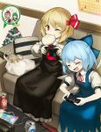  4girls antennae ascot baozi black_skirt black_vest blonde_hair blue_bow blue_dress blue_hair blue_wings bow calendar_(object) can christmas_tree cirno commentary_request controller couch dr_pepper dress eating eyes_closed food green_hair hair_bow hair_ribbon highres holding_controller ice ice_wings indoors magazine mouth_hold multiple_girls mystia_lorelei one_eye_closed pillow pink_eyes pink_hair playing_games puffy_short_sleeves puffy_sleeves red_eyes red_neckwear red_ribbon ribbon rumia shirt short_hair short_sleeves sitting skirt skirt_set smile spark621 striped table team_9 touhou vest white_shirt wing_collar wings wriggle_nightbug 